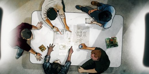 Illustration of 5 people sitting at a table, seen from above