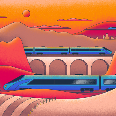 Artist rendition of three trains moving through a landscape