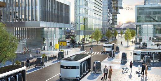 Artist's rendition of future urban setting with portable autos