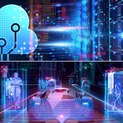 Graphic depiction of cloud, auto, man on scooter and man walking