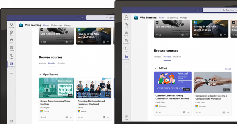 Examples from new Viva Learning content providers Edcast and OpenSesame