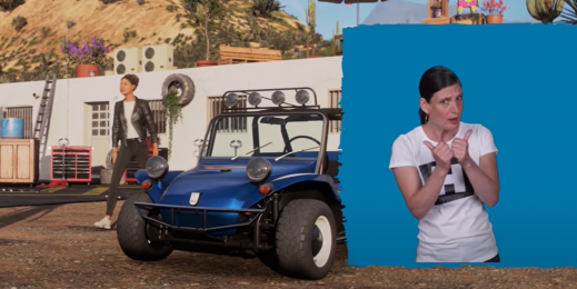 Screenshot from Forza Horizon 5 with person providing sign language at right side of screen
