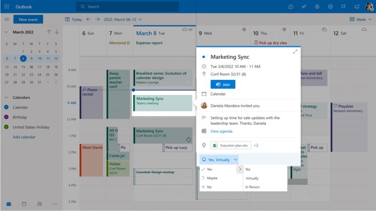 RSVP options for Outlook meeting invitation