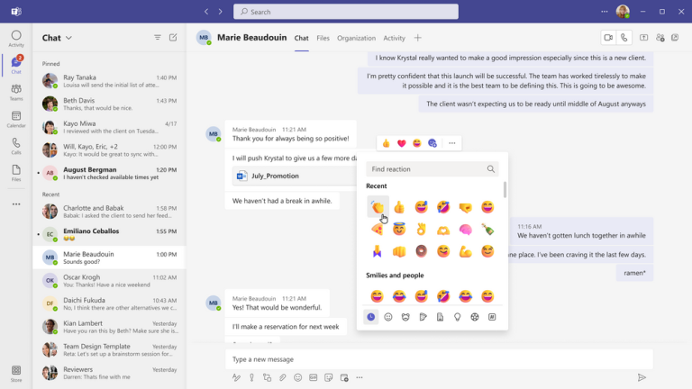 Expanded reactions in Microsoft Teams