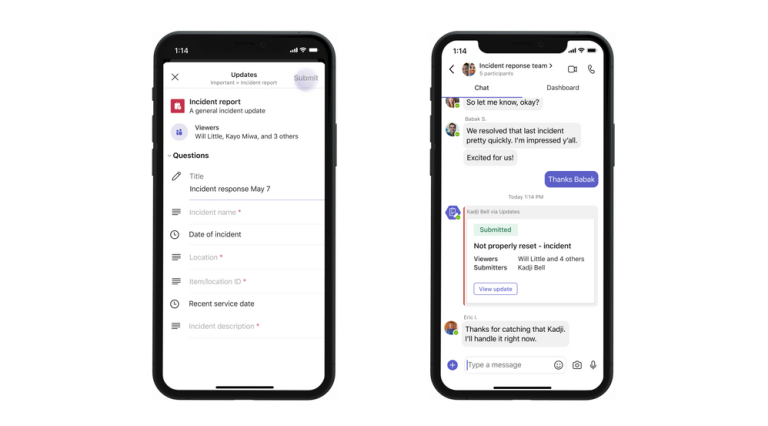 Updates in Teams on two mobile phones