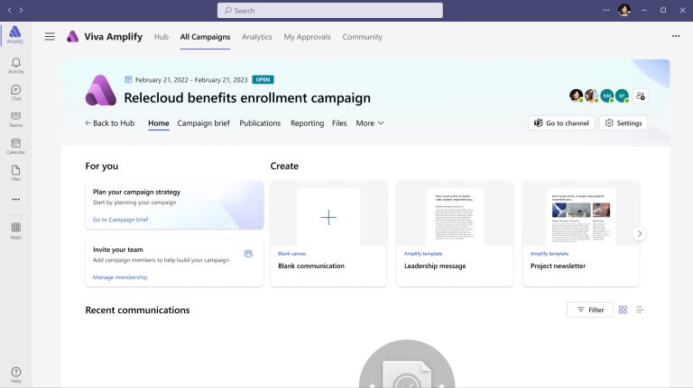 Teams window showing Viva Amplify campaign creation page with For You, Create, and Recent Communication sections