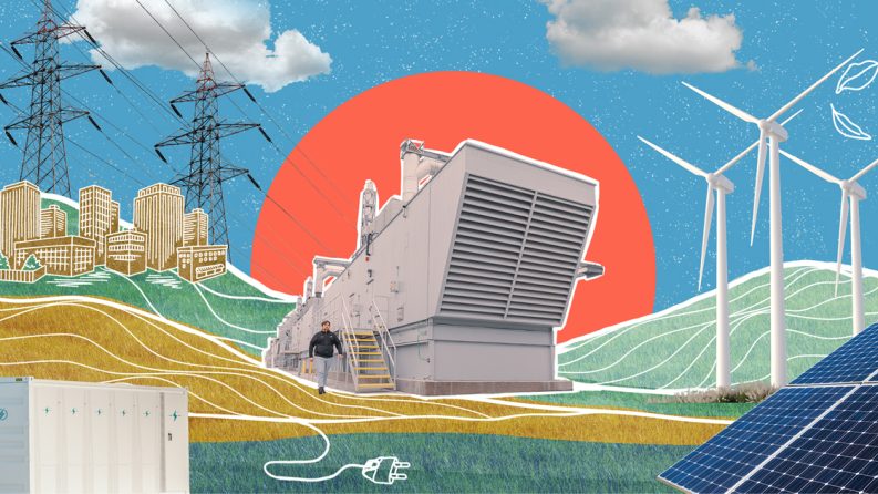 A datacenter surrounded by examples of renewable energy sources such as wind and solar power, with buildings and electrical lines in the background.