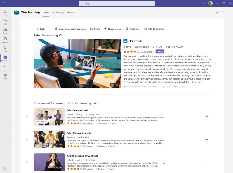 Teams window showing Viva Learning with learning paths from LinkedIn Learning Hub