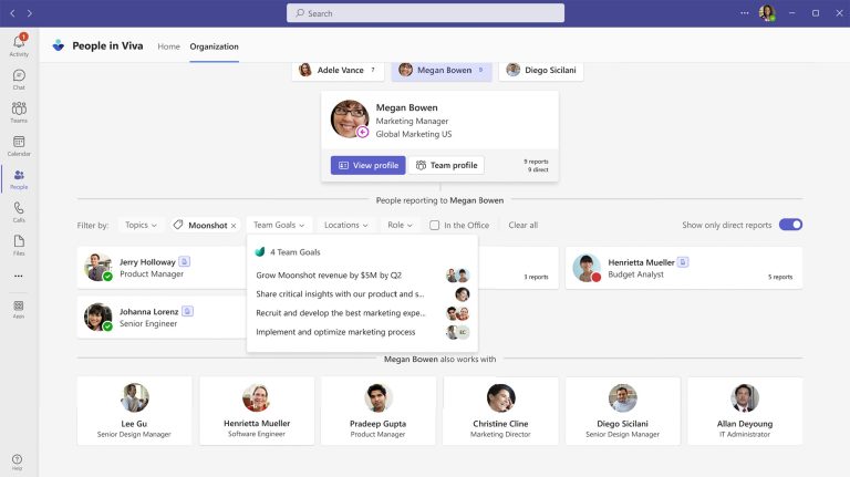 Teams window with People in Viva application showing organizational chart with team goals dropdown