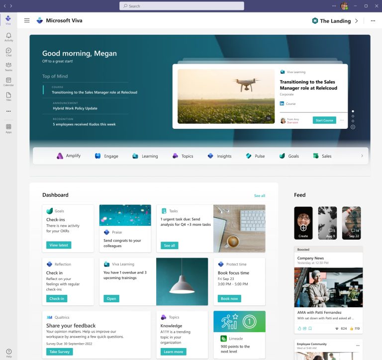 Teams window with Viva Connections homepage showing dashboard, feed, and banner announcements