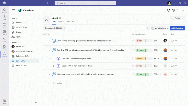 Teams window showing a user connecting an objective in Viva Goals to Power BI