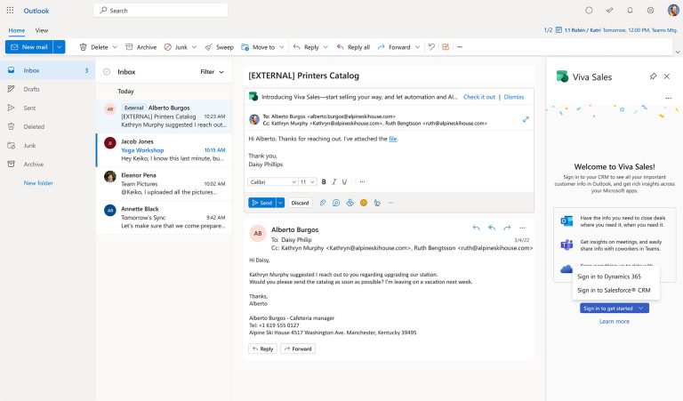 Outlook window with Viva Sales sidebar showing CRM log in options for Dynamics 365 Sales or Salesforce