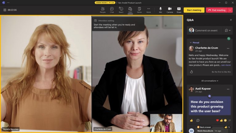A screenshot shows a virtual green room, a chat and Q&A on Teams