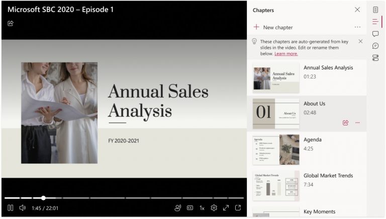 Screenshot shows PowerPoint Live chapters in the meeting recording