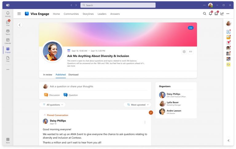 Screenshot shows the Ask Me Anything event experience in Viva Engage