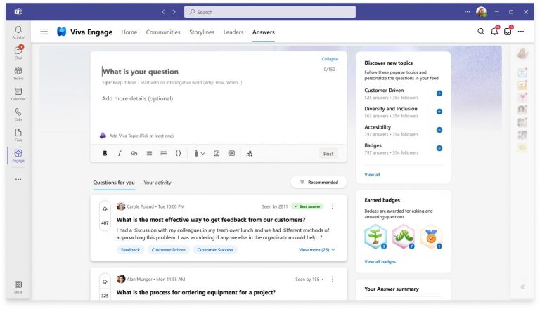 Screenshot shows Answers in Viva
