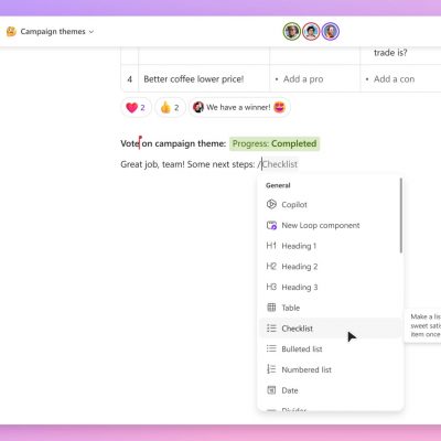 A view of the insert menu in Loop