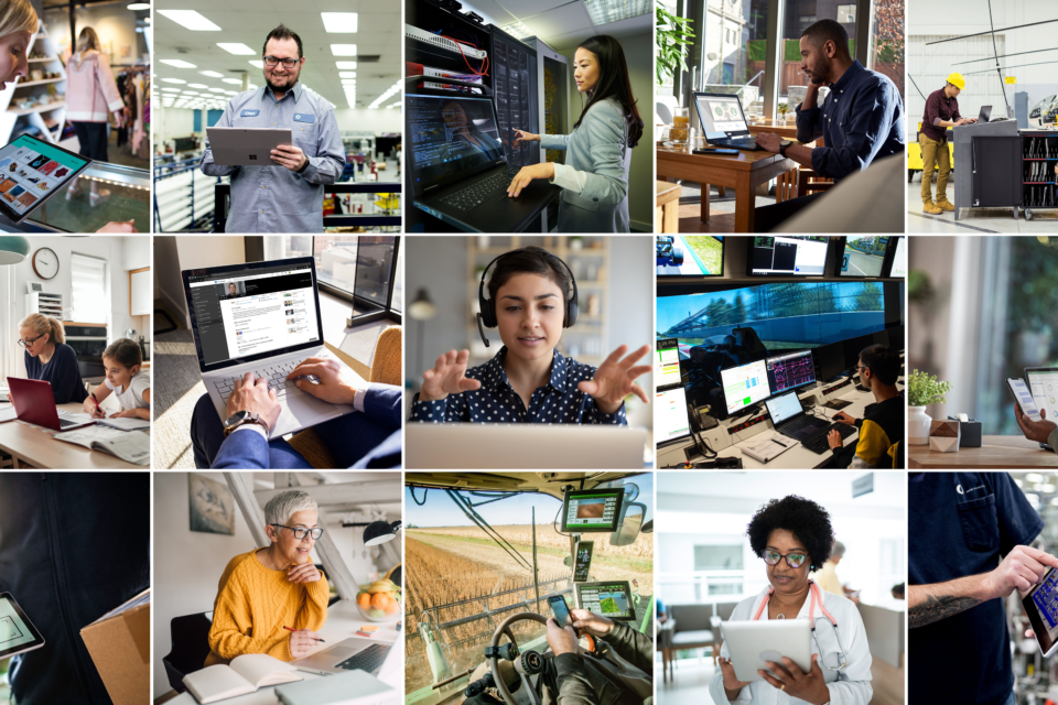 Grid of multiple people using technology