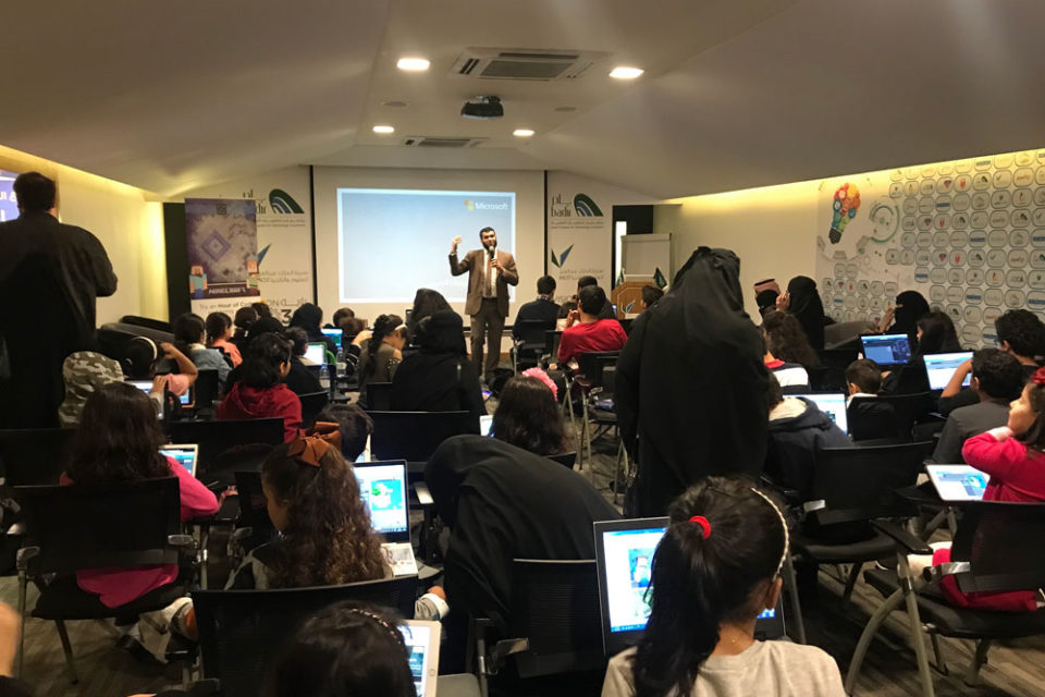 On-going sessions with students at the Hour of Code event