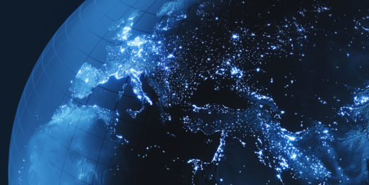 Blue globe with city lights