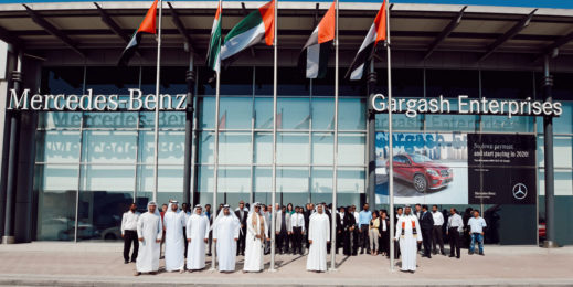 Team photo outside Mercedez Benz Gargash dealership.