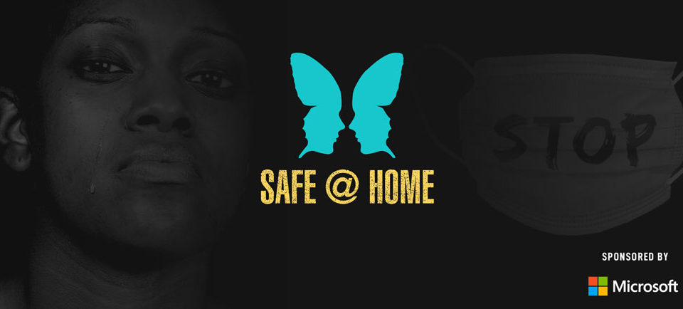 On the left a girl with a tear going down her eyes, on the right side a mask that is written “stop”, in the middle an image of a blue butterfly with the faces of two women looking at each other. 