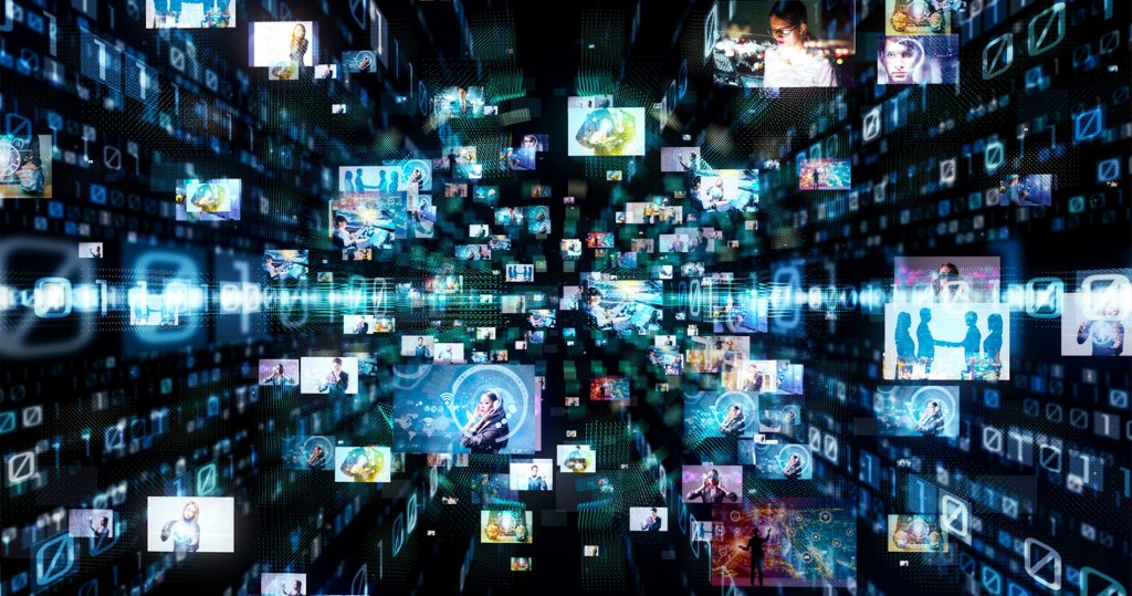 A stylised image of a collection of screens showing different media images and videos.