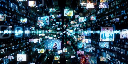 A stylised image of a collection of screens showing different media images and videos.