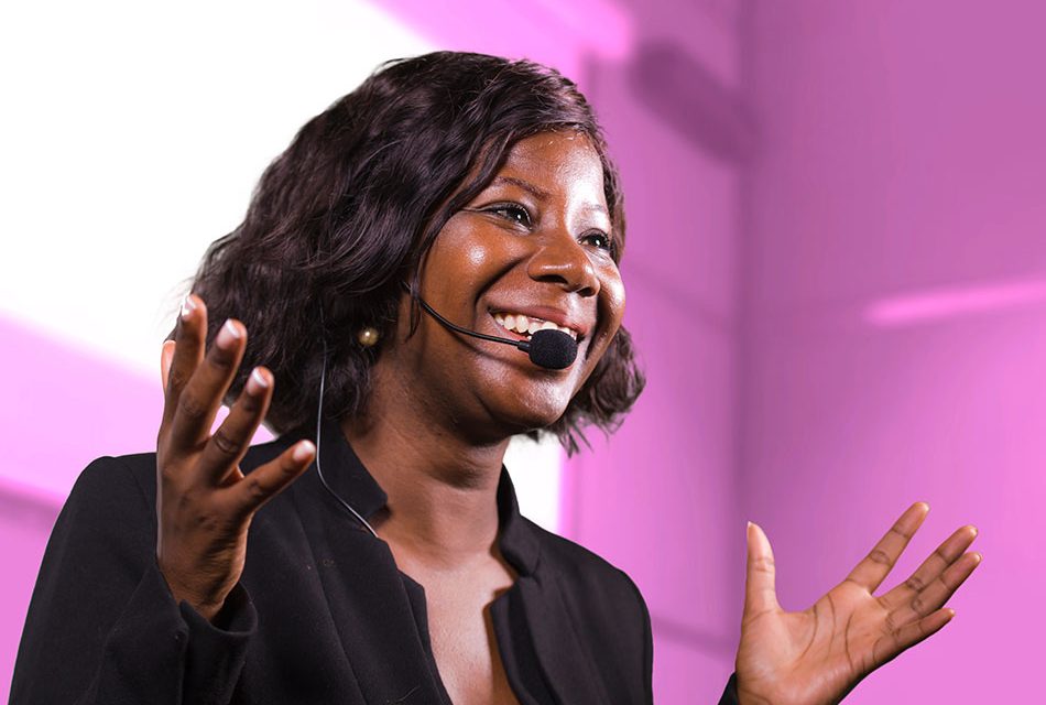 A woman smiling