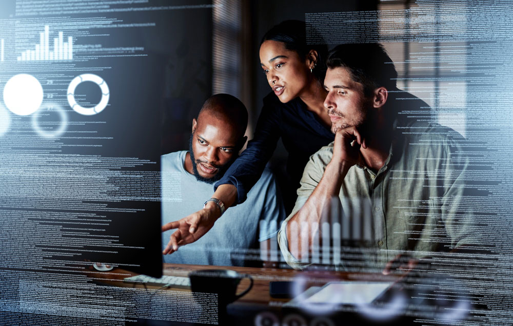 A security team analyses key data from a visual dashboard.]
