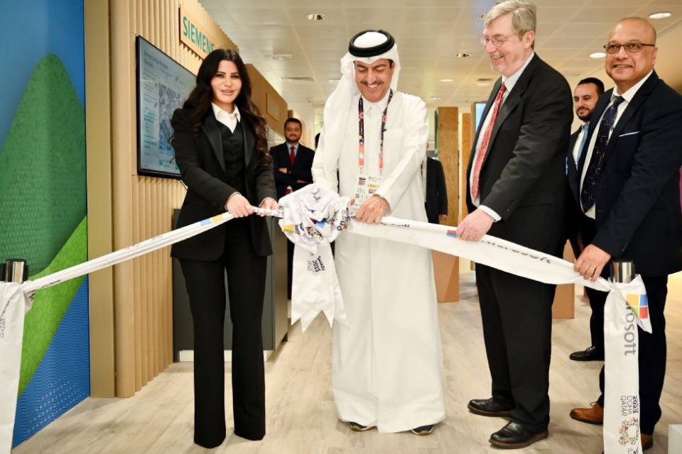 Mr. Mr. Mohamed Ali Al-Khoori, Secretary General of Expo 2023 Doha, alongside Mr. Harold “Lee” Brayman, Commercial Officer and Mr. Srinivasa Murthy, Commercial Specialist representing the Foreign Commercial Service, American Embassy Doha, and Ms. Lana Khalaf, General Manager, Microsoft Qatar inaugurating the Microsoft booth at Expo2023 Doha.