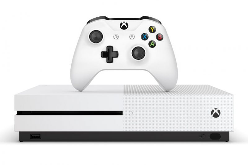 Xbox One S console and controller placed horizontally