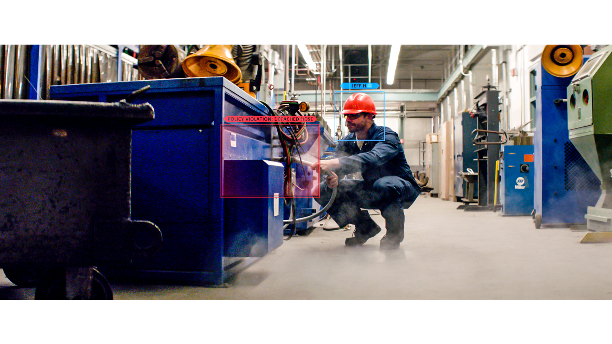 Photography depicts Microsoft AI used to improve workplace safety.