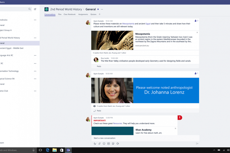 The rich, persistent conversation experience in Teams allows everyone to read, contribute, and learn at their own pace – in class or at home.  