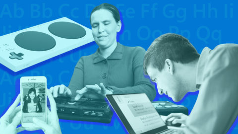 A montage of people using accessibility devices