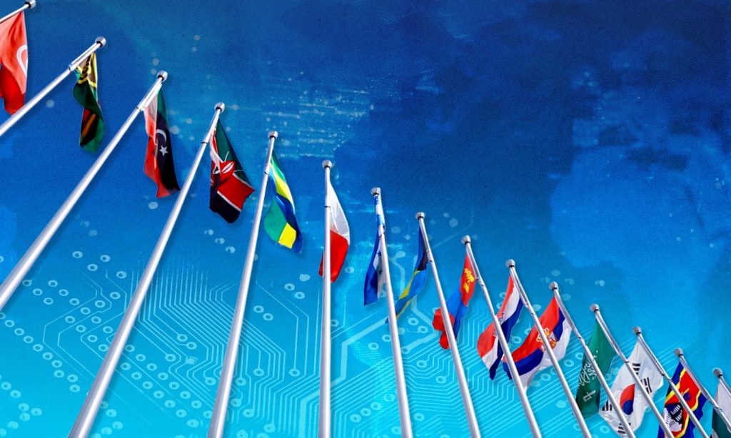 Various national flags at the UN