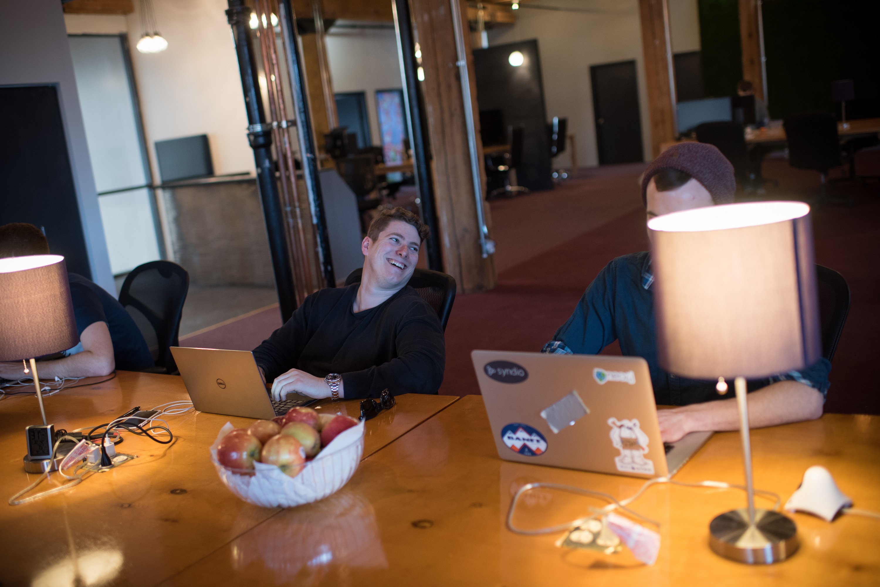 That bowl of apples fuels an afternoon snacking ritual at Syndio. 