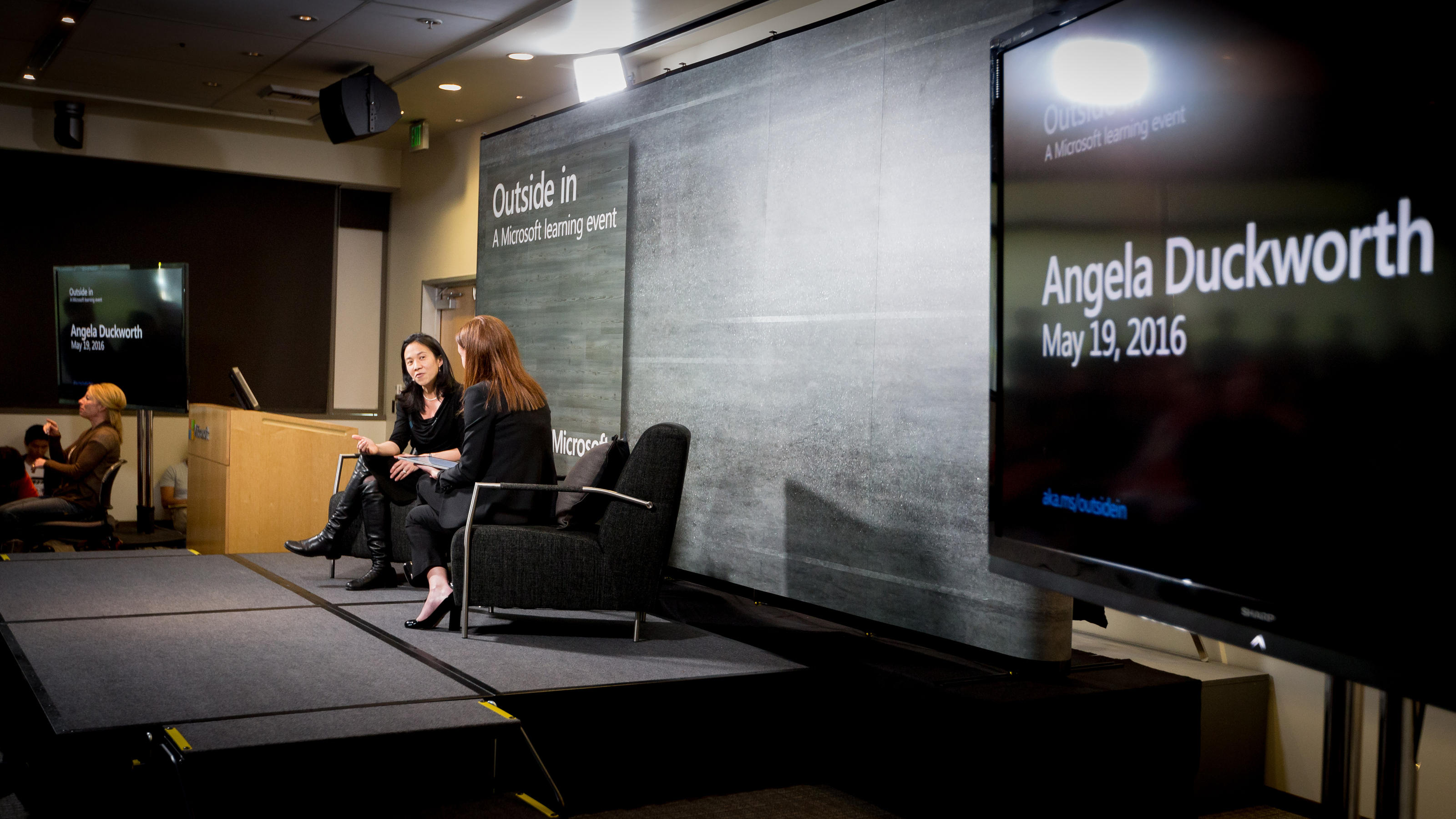 Author Angela Duckworth speaks to Microsoft employees as part of the