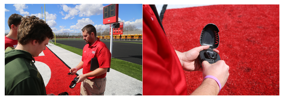 Dustin Fink showing Vector mouthguards to football players at Mt. Zion High School. (Photos by Kelly Guenther.)
