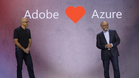 Microsoft CEO Satya Nadella and Adobe CEO Shantanu Narayen on stage at Microsoft Ignite.