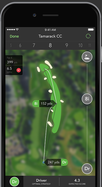 On the eighth hole at Tamarack Country Club, the Arcoss app checked conditions and suggested this route to the green. (Image courtesy of Arccos) 