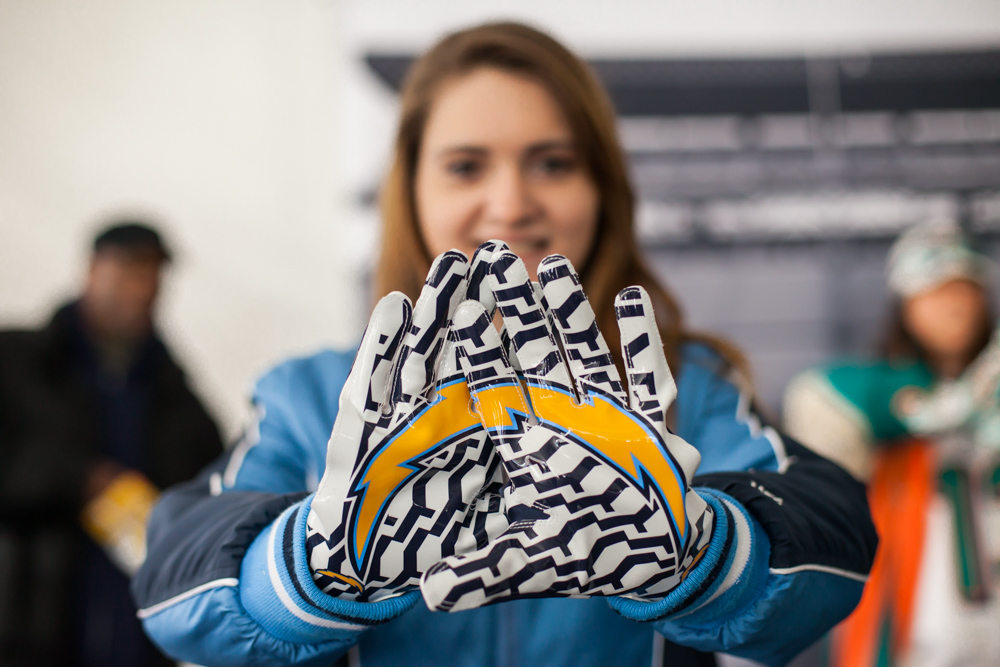 A San Diego Chargers fan stops by the FoxTales kiosk in Chicago to capture the moment. (Photo courtesy of FoxTales) 