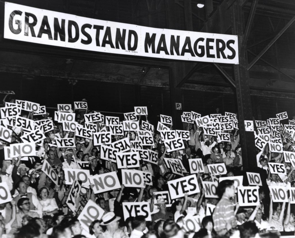 St. Louis Browns fans using "yes/no" cards in 1951.