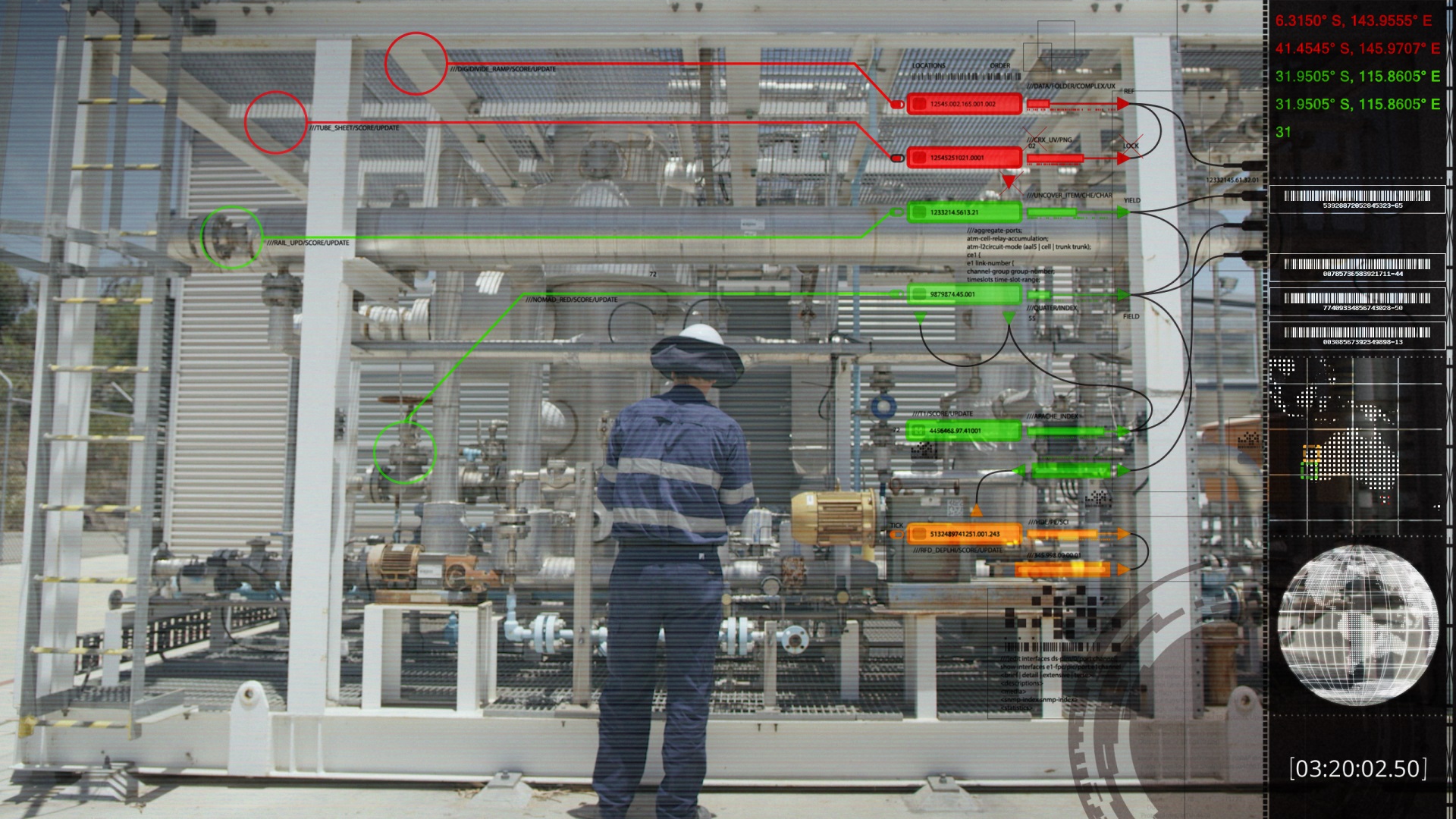 Photograph of worker in front of system of pipes, with color-coded text superimposed on image to show how Track'em solution works