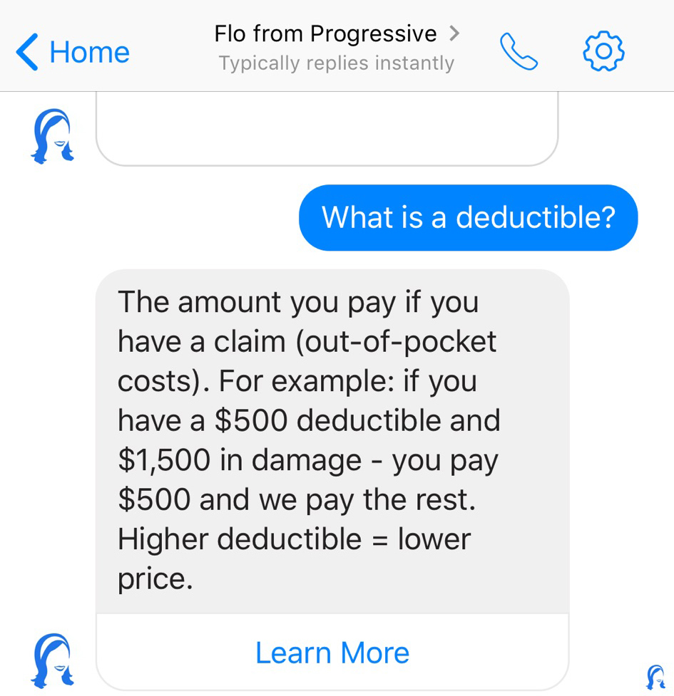 A screenshot of the Flo chatbot answering a customer question about liability. 