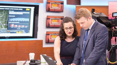 KING journalists Jake Whittenberg and Taylor Mirfendereski speak at the station.