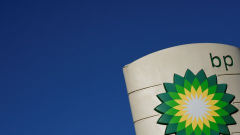 The logo of BP plc is seen at a BP petrol station in Liverpool on February 7, 2018.