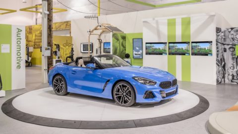 A blue BMW Z4 sports car at Microsoft's new Industry Experience Center.