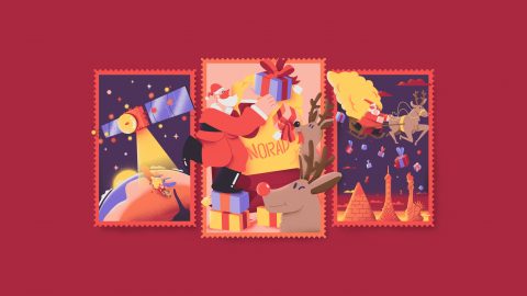 An illustration shows Santa's sleigh in flight beneath an orbiting satellite, Santa delivering gifts in a home along with two reindeer, and Santa and his sleigh in flight above dropped gifts in the sky.