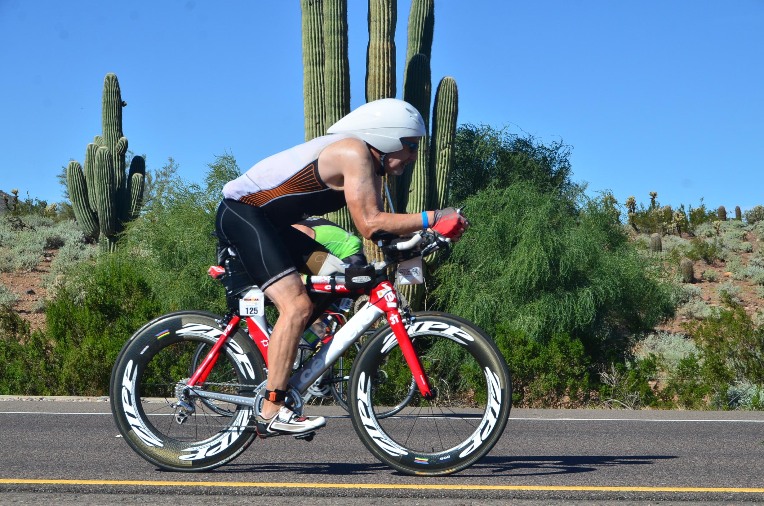 Ed Sproull started triathlon competitions at age 57. Five years later, he's competed in 40 races, including four Iron Man races. He has to change his prosthetic leg for every part of the race.
